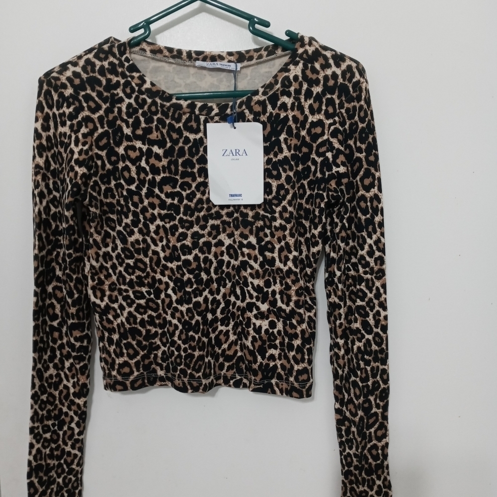Zara Long Sleeve Leopard print Stretchy Boho Crop Top